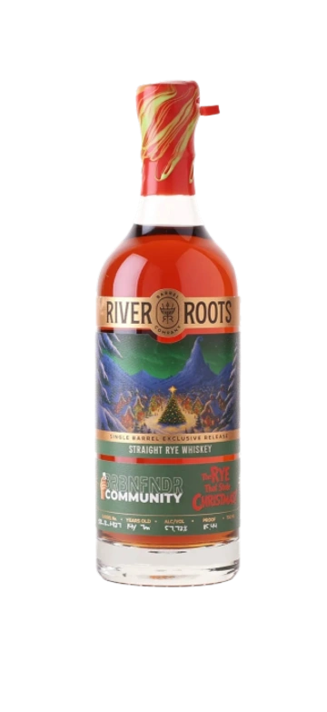 Holiday-themed BRBNFNDR exclusive bourbon release bottle