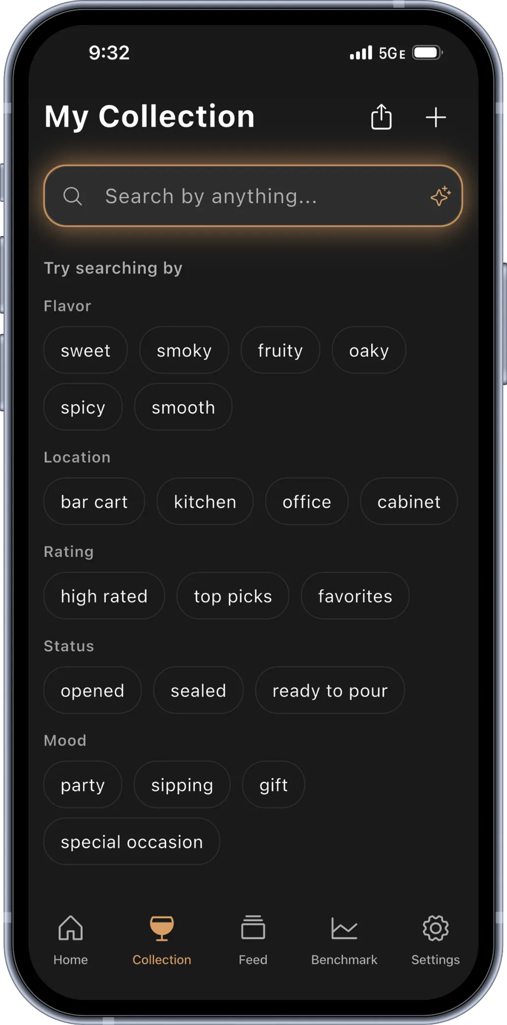 BRBNFNDR AI collection search phone mockup with flavor, location, rating, status, and mood prompts