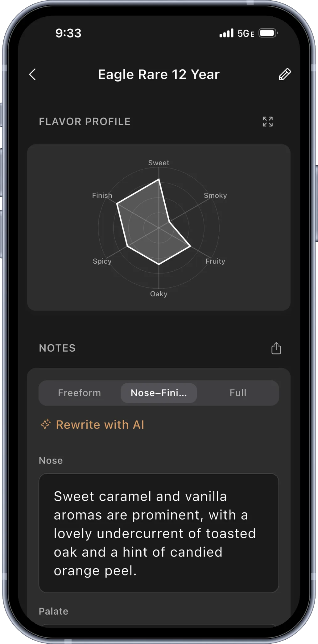 BRBNFNDR AI tasting notes phone mockup with flavor profile and rewrite with AI tools