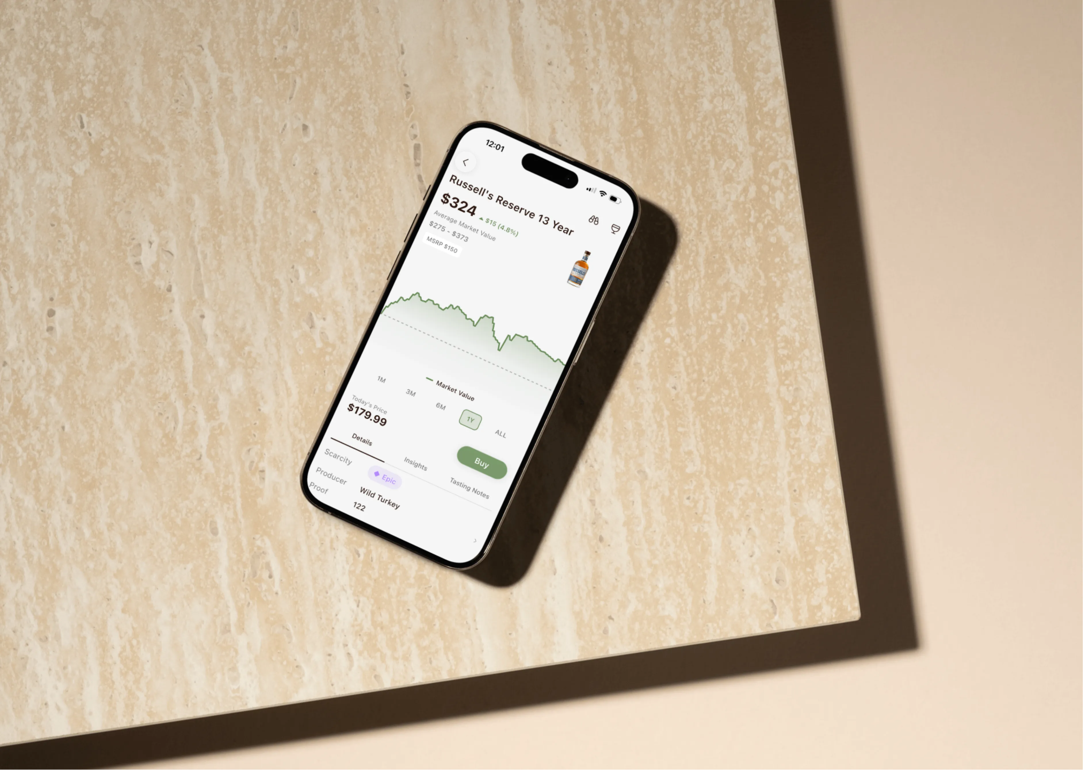BRBNFNDR App 2.0.0 showing market pricing and bottle details on a phone