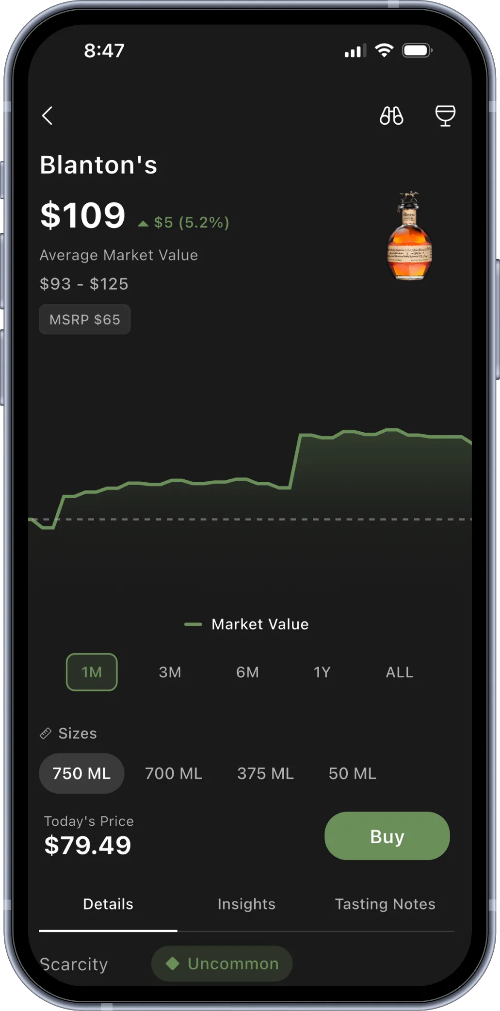 BRBNFNDR Benchmark phone mockup showing market value, MSRP, price trend, and buy action