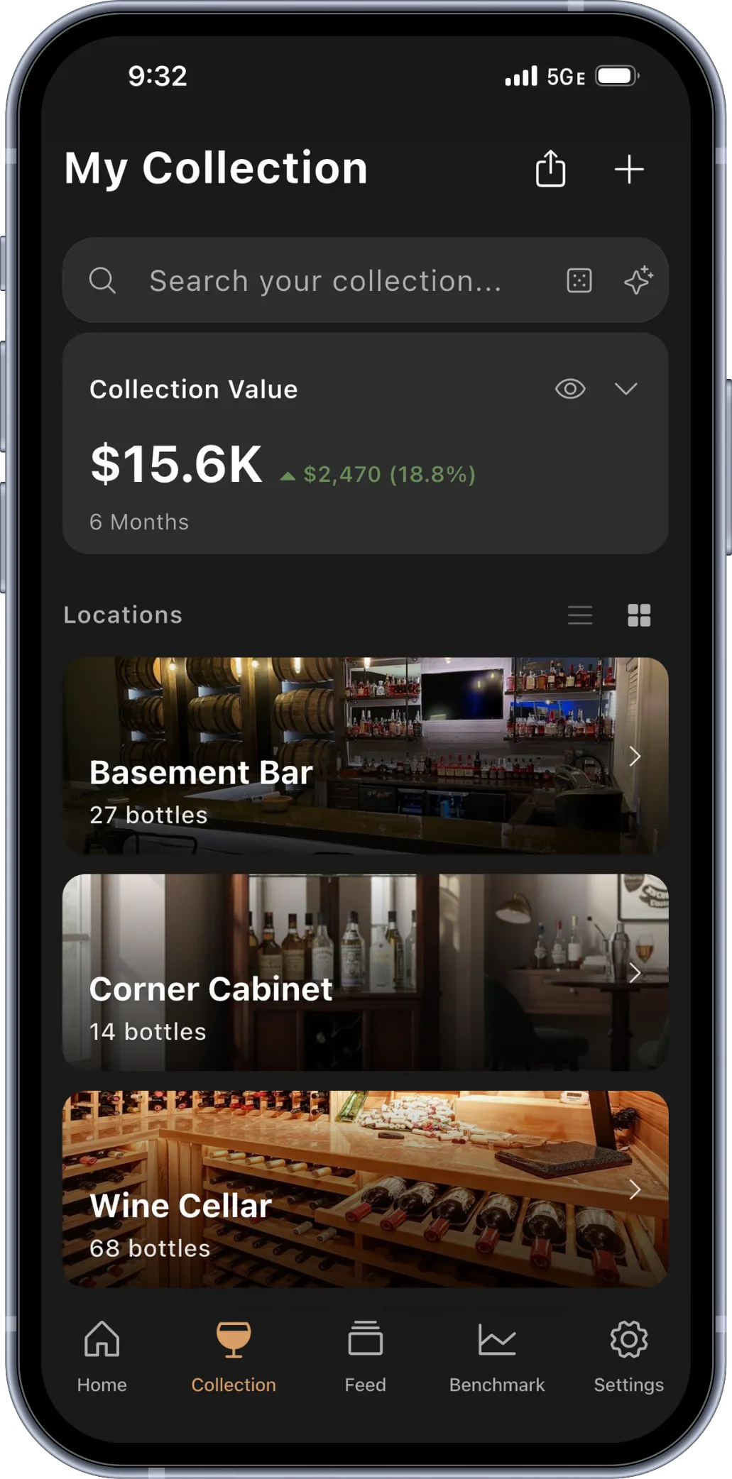 BRBNFNDR phone screen showing collection value tracking and location-based bottle organization