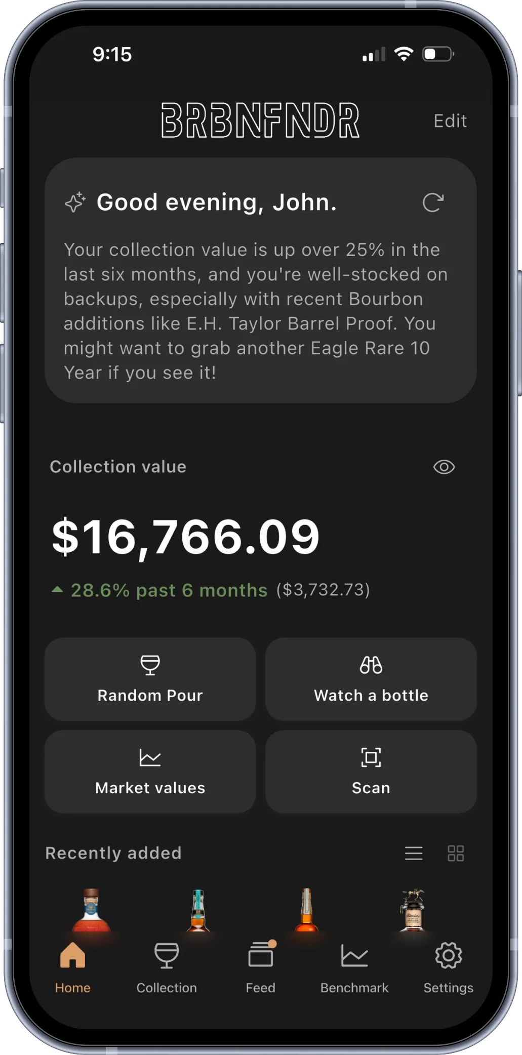 BRBNFNDR home dashboard for tracking spirits alerts, collections, and exclusive releases